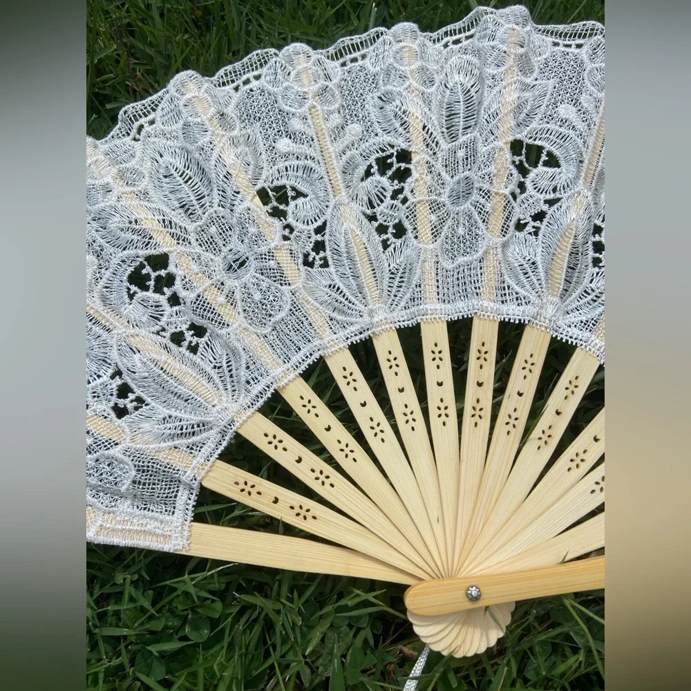 Ivory Lace Fan with Floral Design, Large Beige Lace Fan for Wedding Ceremony